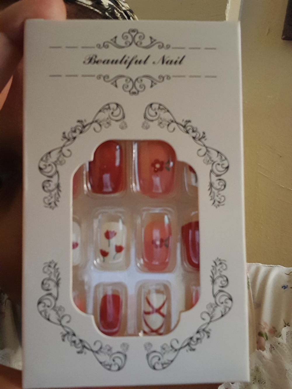 Beautiful Nail Press-On Set - Pink Floral & Coral Accents